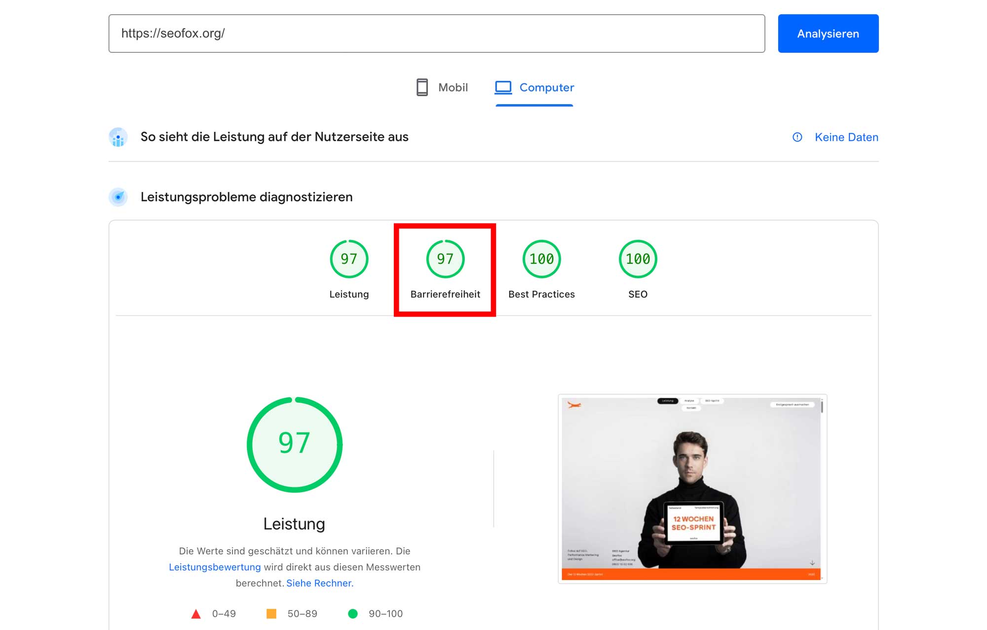 Screenshot von der Search Concole, Bereich für Barrierefreiheit ist markiert
